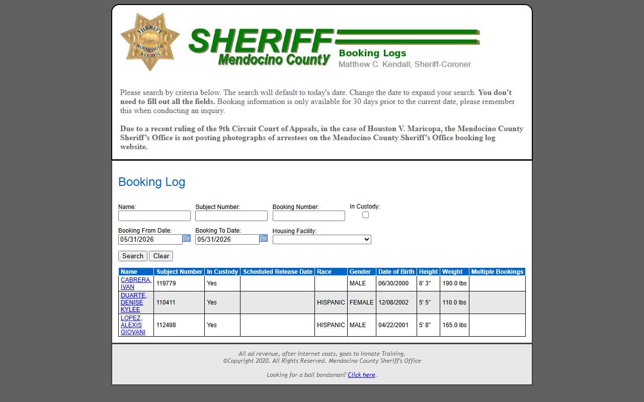 Mendocino County inmate population booking log search fields