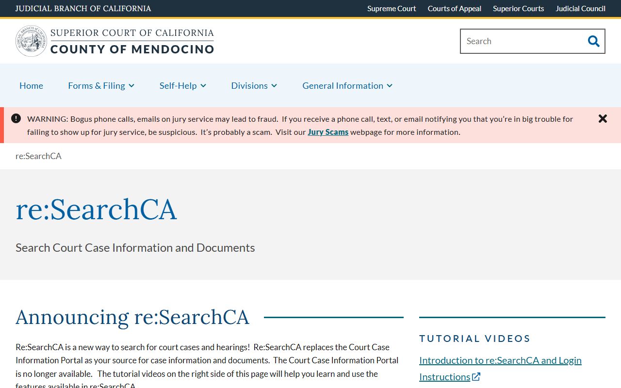 Mendocino County court records after arrest reSearchCA portal instructions